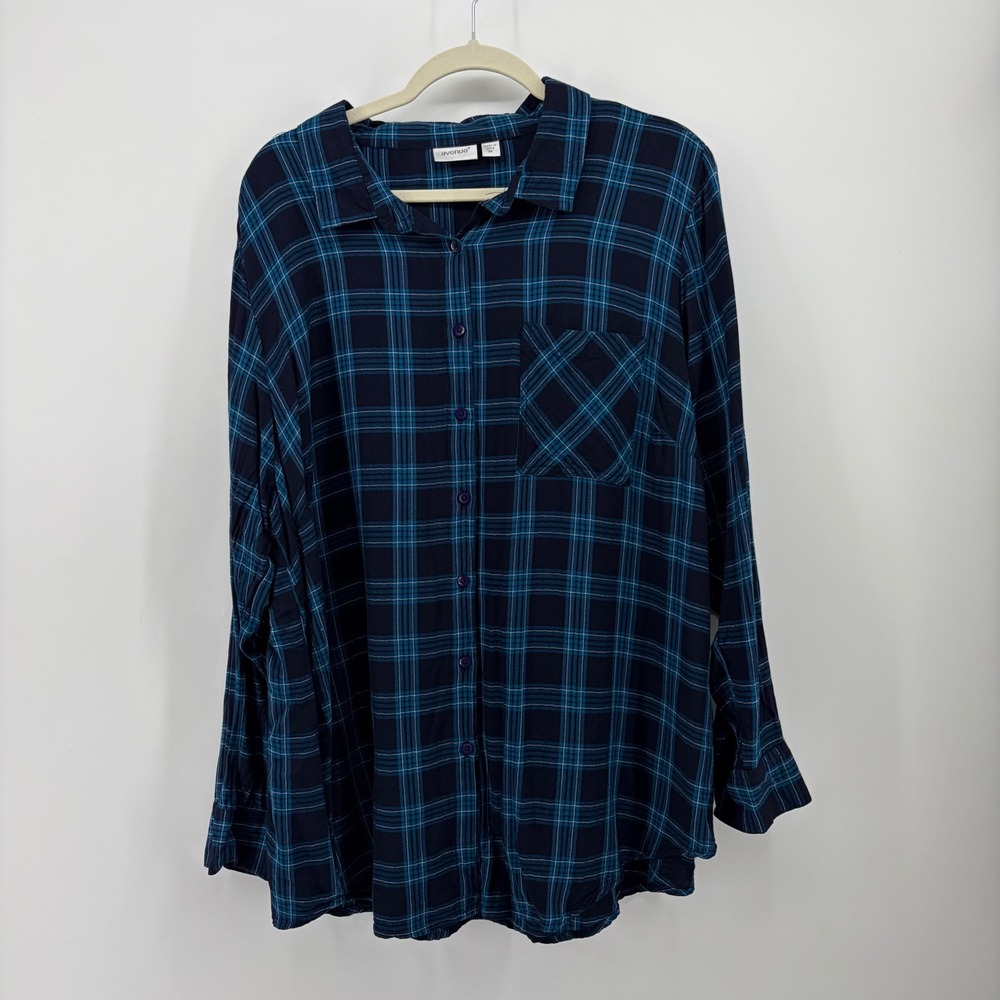 Avenue Womens 20 Blue Plaid Button Down Long Sleeve Viscose Blouse Pocket Top
